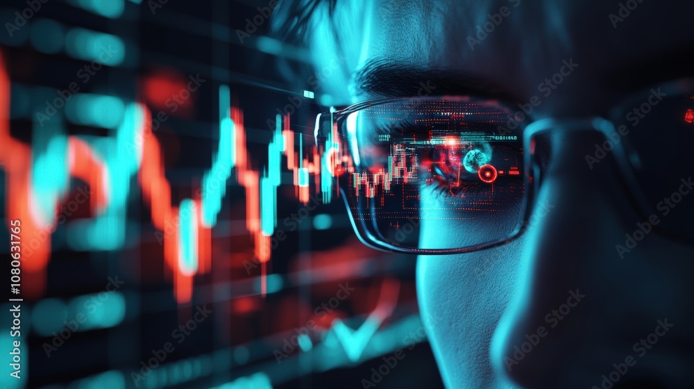 Poster close-up of person analyzing digital graphs on a screen, showcasing technology and data visualizatio