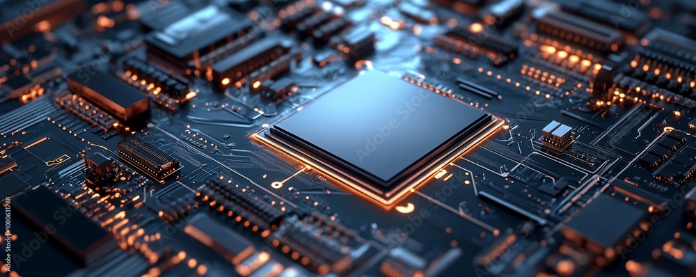 Poster cpu is glowing on motherboard with pcbs and microchips
