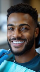 Fototapeta premium A cheerful man sits comfortably in a dentist's chair, smiling confidently as he receives dental care in a modern clinic. His relaxed demeanor reflects his positive experience