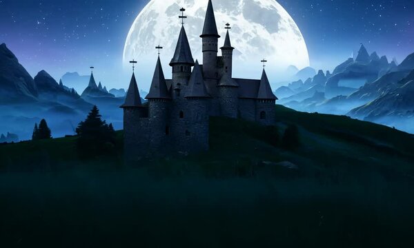 castle on the hill at night. composite fantasy landscape. grassy meadow in the foreground. rocky peaks of the ridge in the distant background in full moon light