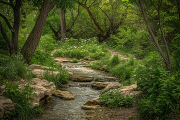 Fototapeta premium Soft Flowing Stream Surrounded by Spring Greenery. AI generative