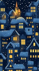 Obraz premium A pattern of small houses with glowing windows, surrounded by snow-covered roofs and streets in the night sky.