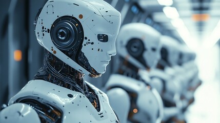 Fototapeta premium White robots standing in a row in futuristic factory setting