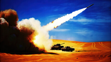 Aerial Military Strike in Desert, Missile, Explosion, Armored Vehicles, Blue Sky & Orange Glow, Tension & Scale