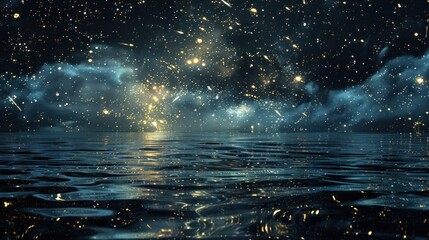 A starry night sky reflected in a calm, rippling ocean, creating a sense of wonder and peace.
