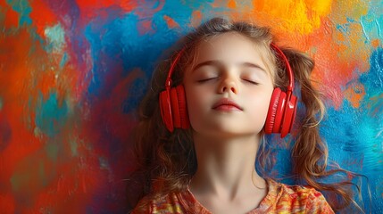 A young girl with unique hairstyle wears red headphones against a colorful background, eyes closed, illustrating a moment of musical immersion and joy.