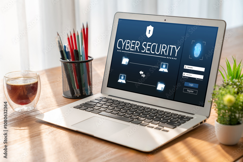 Poster cyber security system on computer screen protect private information snugly from hacker and cyber at