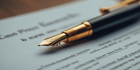 A luxurious black fountain pen with gold accents elegantly placed on a signed formal document indicating importance and sophistication for professional use