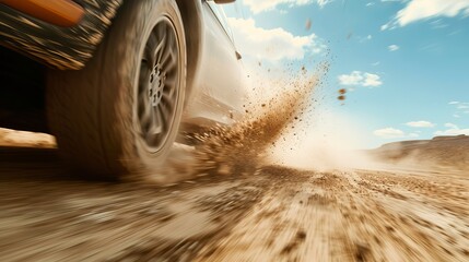 A car speeds through a dirt road, kicking up a cloud of dust in its wake. The blurred motion gives a sense of speed and adventure.