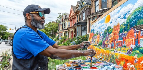 A man paints a vibrant cityscape on an easel outside his house.