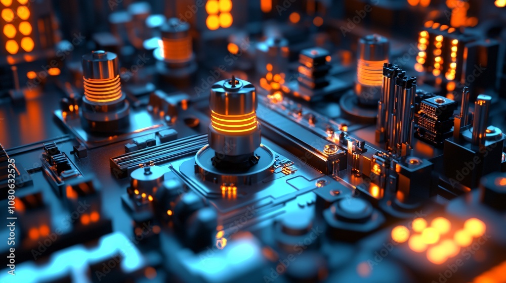 Fototapete futuristic glowing microchip illuminating complex circuitry and electronic components