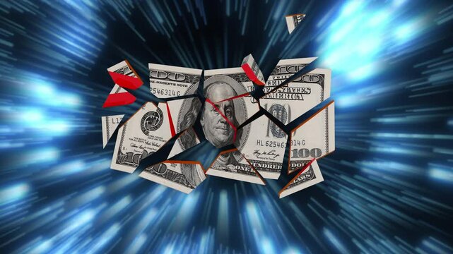 One hundred USA dollar bill falls on virtual computer board and crashing to pieces. Blockchain technology concept