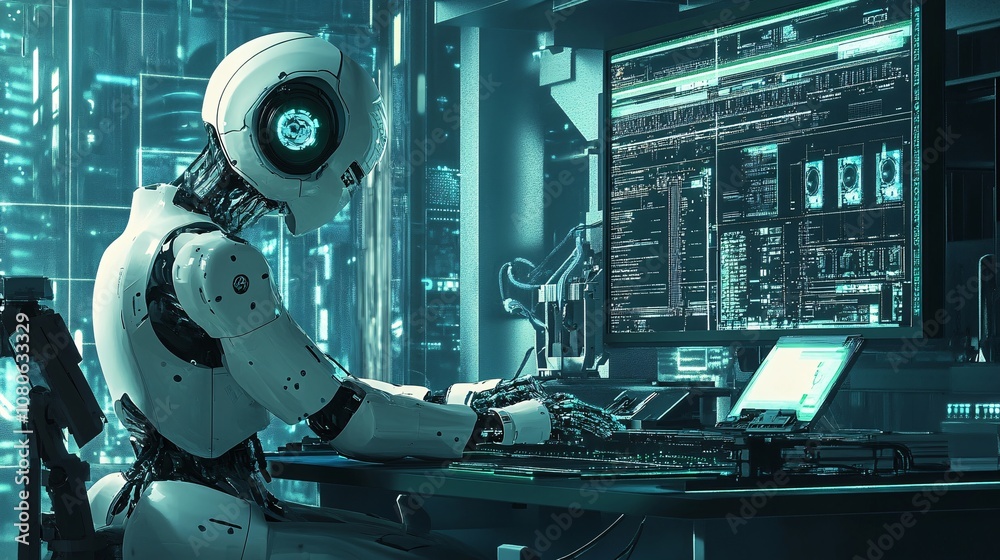 Fototapete Robot programming futuristic computer in high-tech laboratory setting
