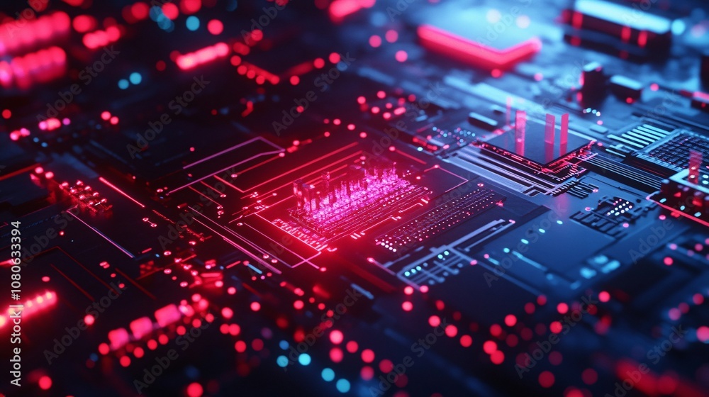 Aufkleber futuristic circuit board pulsating with red and blue lights