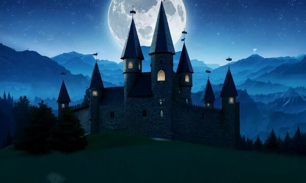 castle on the hill at night. composite fantasy landscape. grassy meadow in the foreground. rocky peaks of the ridge in the distant background in full moon light