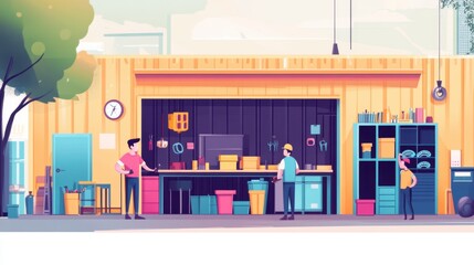 Animated characters tidying up a tool storage site, showing teamwork in a colorful, fun work environment.