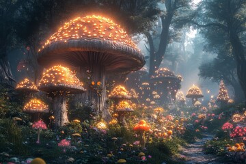 Enchanted Forest with Glowing Mushrooms and Fairy Lights