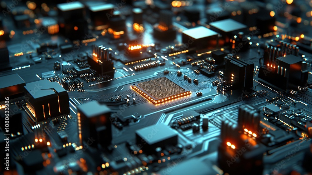 Poster Cpu is glowing on a futuristic printed circuit board with components