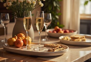 Prosecco flutes and snacks on a marbel table