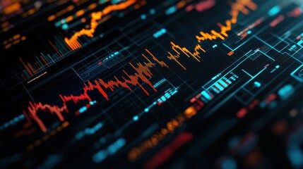 Digital financial stock market board with graphs displaying trends in vibrant lights.