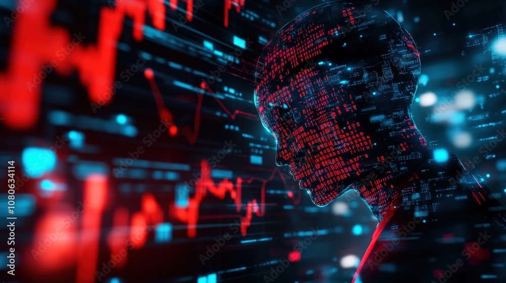Poster digital human silhouette with red data streams and graphs, symbolizing artificial intelligence and d