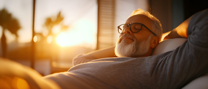 60-year-old or 70-year-old man sleeping calmly in the bed in his bedroom; cozy morning  lighting; concept of having a good rest at night