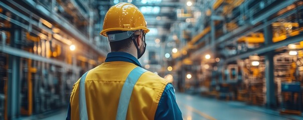 A worker in a yellow safety vest and helmet is standing in a large, brightly lit industrial facility with numerous shelves and equipment in the background