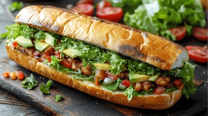 Mexican torta sandwich with avocado, tomato, and lettuce, isolated on white background