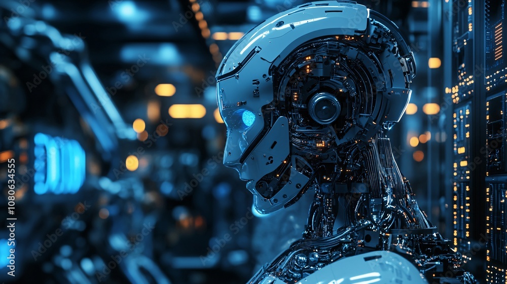 Fototapete futuristic robot working in a high-tech server room analyzing data