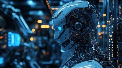 Futuristic robot working in a high-tech server room analyzing data