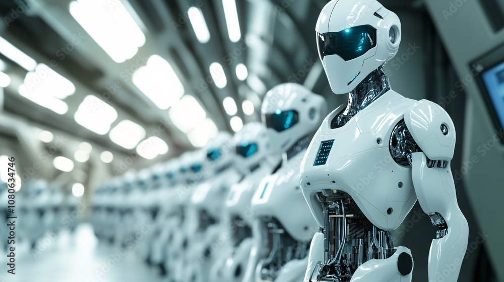 Fototapete Row of robots standing in futuristic factory setting demonstrating automation