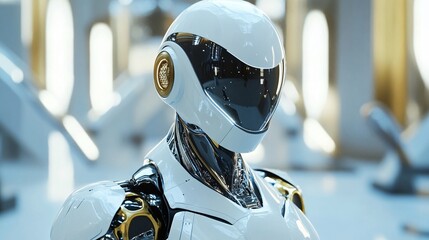 Futuristic white and gold robot looking forward in a white environment