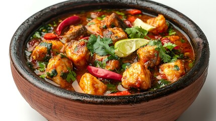 Fototapeta premium Brazilian moqueca fish stew in a clay pot, isolated on white background