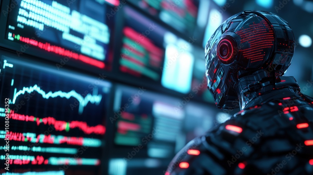 Poster futuristic ai analyzing complex data on multiple screens in a high-tech environment.