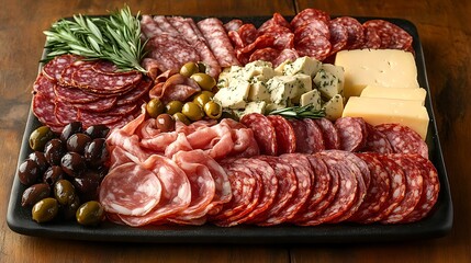Italian antipasto platter with cured meats, olives, cheeses, warm-toned background