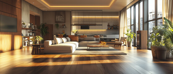 Beautiful and spacious modern living room with furniture