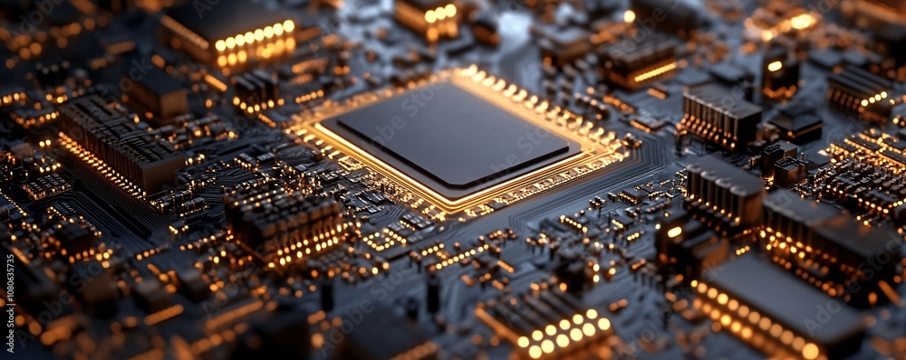 Poster Modern electronic circuit board with cpu glowing orange and processing data