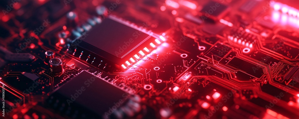 Poster Red printed circuit board emitting light and showing data transfer