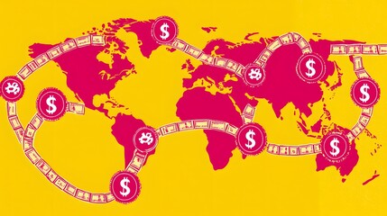 Stylized map of the world highlighting oil trade routes with dollar symbols. 