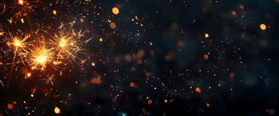 Sparks flying and bright particles shining in a dark background. Generative AI.