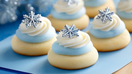 Christmas cookies whipped concept, Festive cookies topped with swirls of blue frosting and silver snowflake decorations, perfect for winter celebrations.