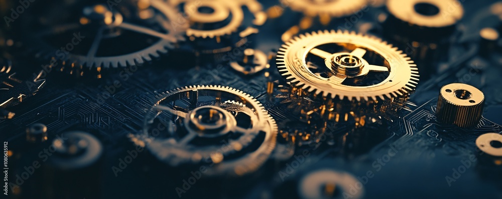 Aufkleber golden gears rotating on circuit board: technology and innovation