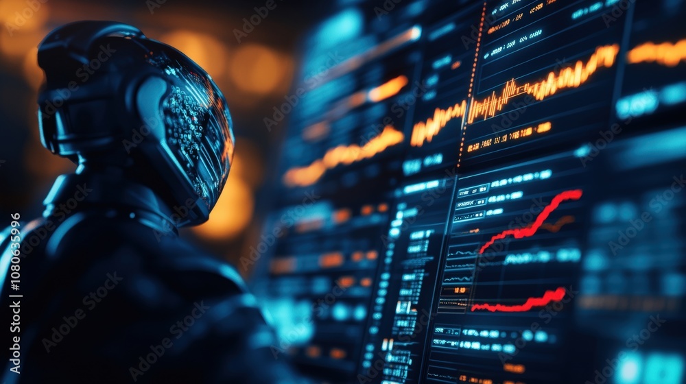 Poster futuristic ai robot analyzing complex data on multiple digital screens in a high-tech environment