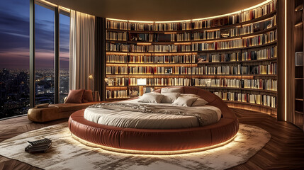 A living room with a lot of bookshelves bed, Bookshelf with books in modern library interior, Reading and education concept, Bedroom Hidden Storage Compartments, Neutral Aesthetics