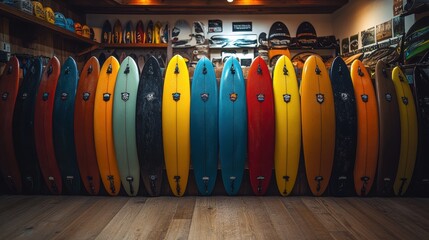 A vibrant array of surfboards displayed in various colors and designs, showcasing a collection fit for surfing enthusiasts and ocean lovers alike