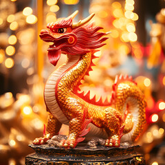 Obraz premium Beautifully crafted golden dragon statue on display with festive lights in the background during the Lunar New Year celebration