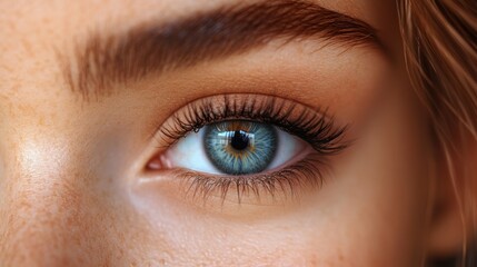 Obraz premium Close-up image of a human eye showcasing intricate blue iris patterns and long eyelashes, taken in natural light, highlighting detailed textures and color variations in the surrounding skin