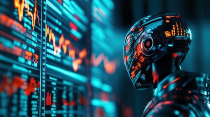 Futuristic AI robot analyzing financial data on digital screens, showcasing advanced technology and innovation.