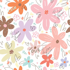 Seamless children's pattern with magical flowers, doodle. Seamless background with creative decorative flowers with words I love flowers.