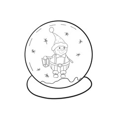 Snow globe with snowman and lantern. Traditional glass Christmas souvenir with snowflakes. Hand drawn, isolated on a white background. Vector. For coloring books, cards, printing